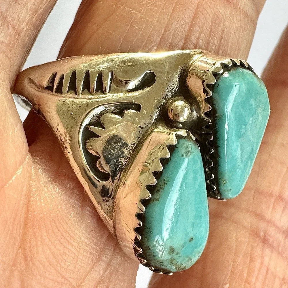 Mens Turquoise Navajo Band Sz 10.5 Two Stone Ring 21mm Signed ML Handmade Native